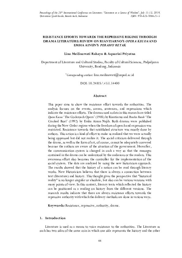 (PDF) Resistance Efforts Towards the Repressive Regime Through Drama ...