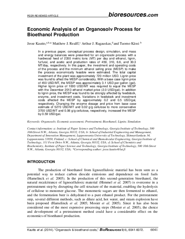 (PDF) Economic Analysis of an Organosolv Process for Bioethanol Production