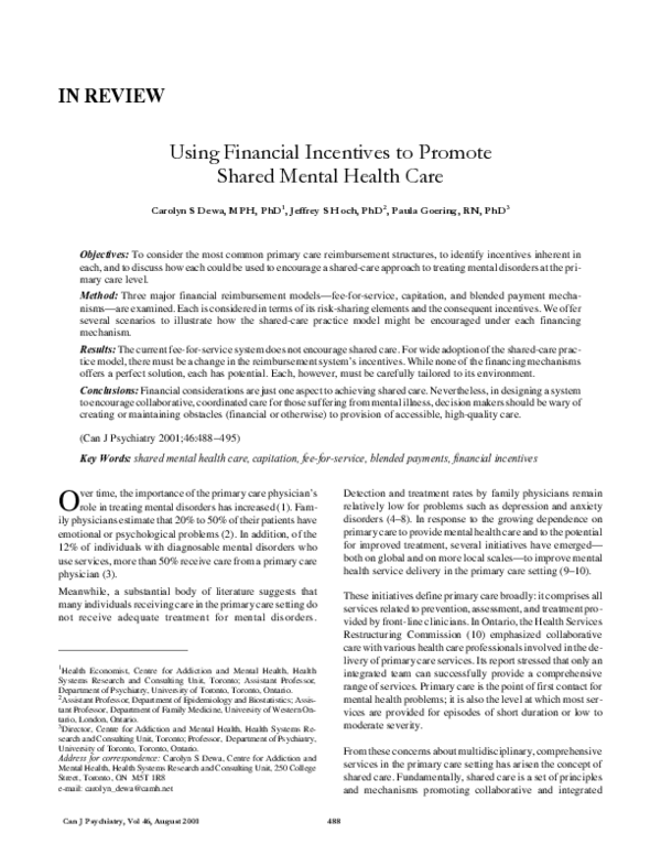 (PDF) Using financial incentives to promote shared mental health care