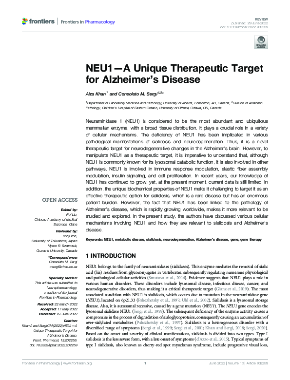 (PDF) NEU1—A Unique Therapeutic Target for Alzheimer’s Disease