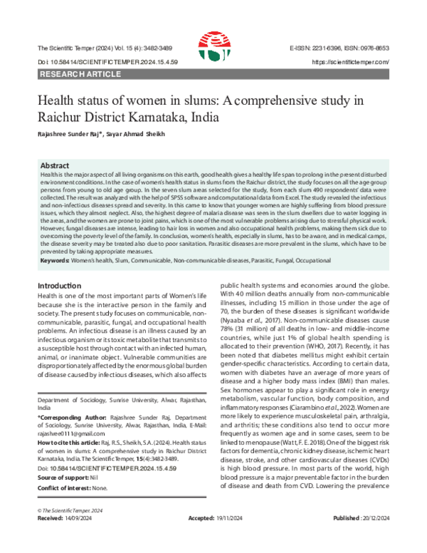 (PDF) Health status of women in slums: A comprehensive study in Raichur ...