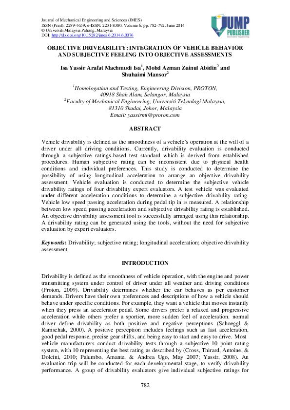 (PDF) Objective Driveability: Integration of Vehicle Behavior and ...