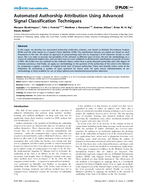 (PDF) Automated Authorship Attribution Using Advanced Signal ...