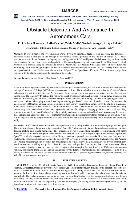 (PDF) Obstacle Detection And Avoidance In Autonomous Cars