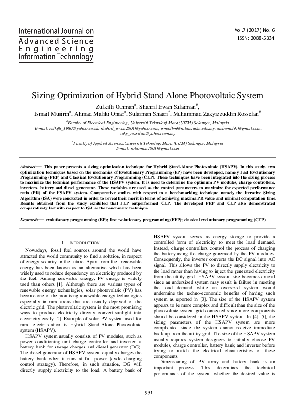 (PDF) Sizing Optimization of Hybrid Stand Alone Photovoltaic System
