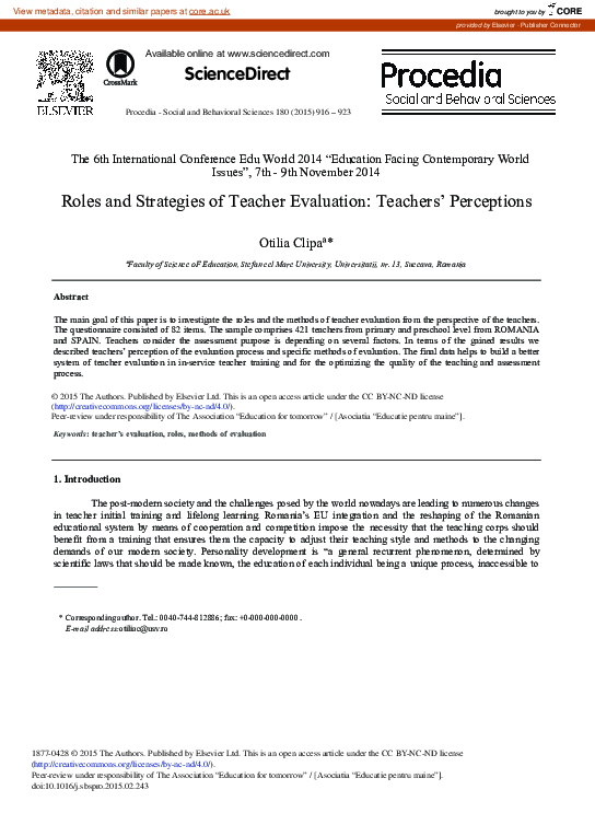 (PDF) Roles and Strategies of Teacher Evaluation: Teachers’ Perceptions