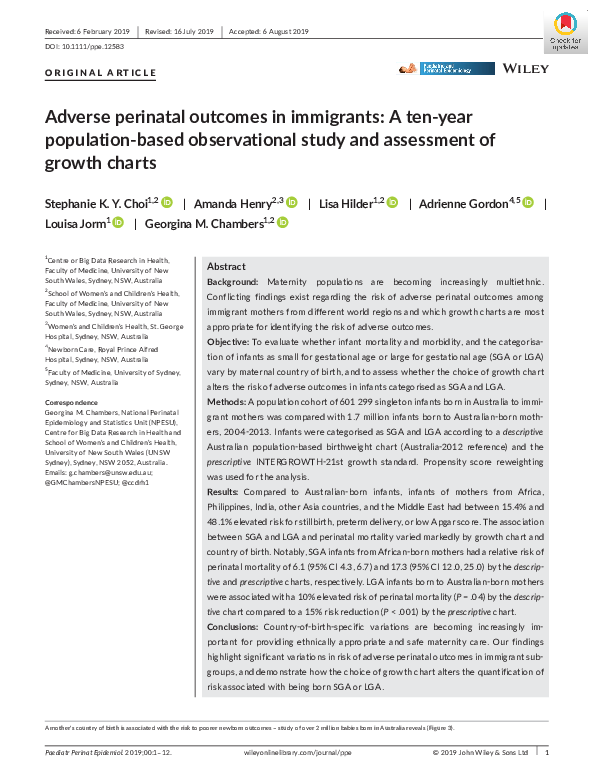 (PDF) Adverse perinatal outcomes in immigrants: A ten‐year population ...