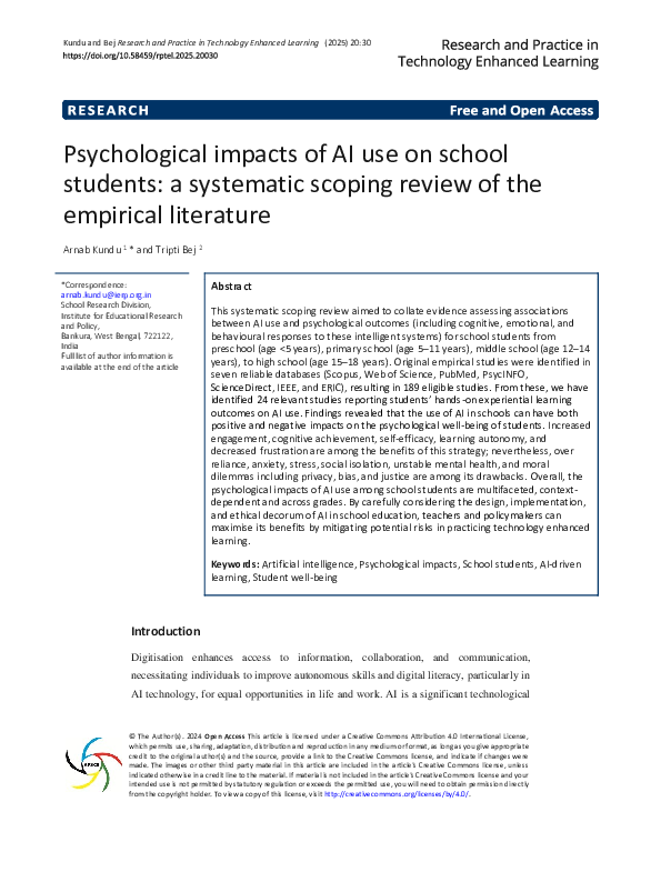 (PDF) Psychological impacts of AI use on school students: a systematic ...