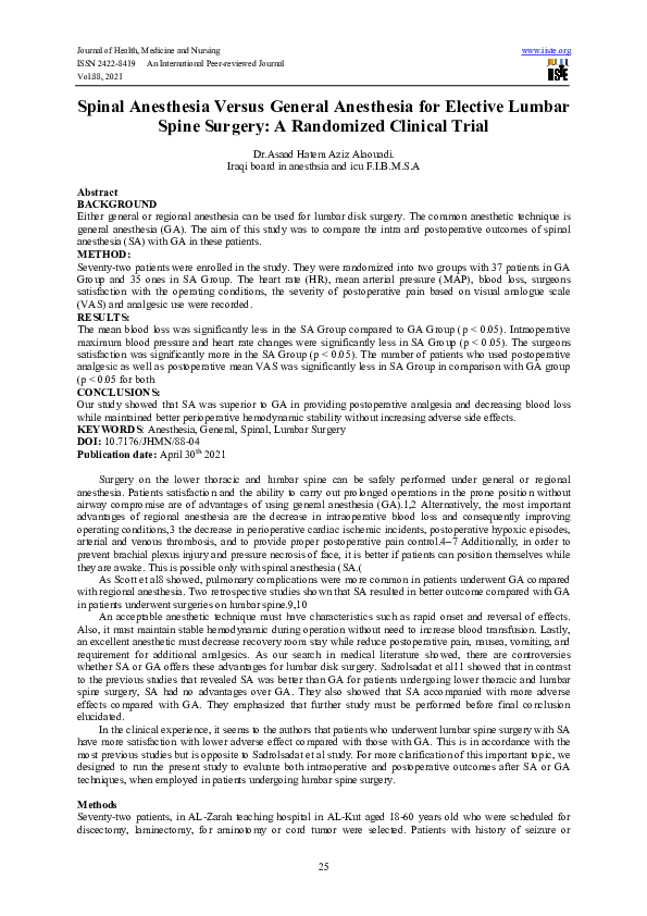 Pdf Spinal Anesthesia Versus General Anesthesia For Elective Lumbar