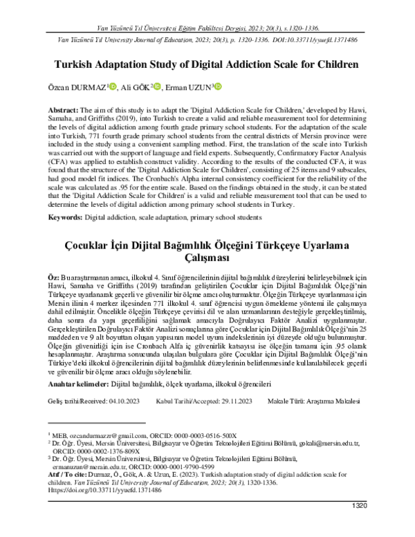 (PDF) Turkish Adaptation Study of Digital Addiction Scale for Children