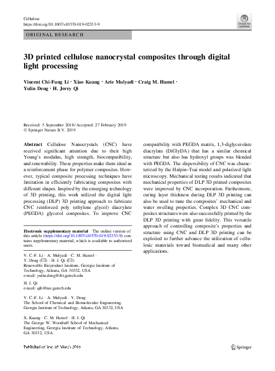 (PDF) 3D printed cellulose nanocrystal composites through digital light ...