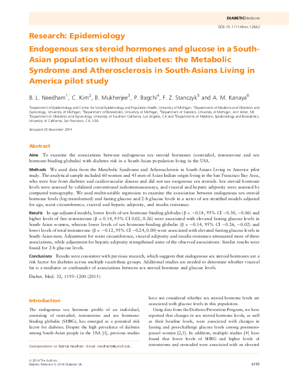 (PDF) Endogenous sex steroid hormones and glucose in a South-Asian ...