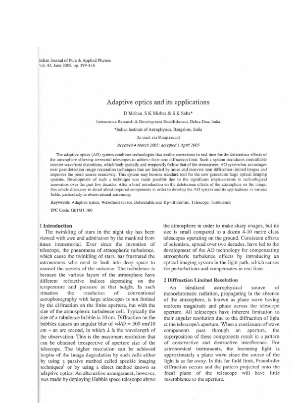 (PDF) Adaptive optics and its applications