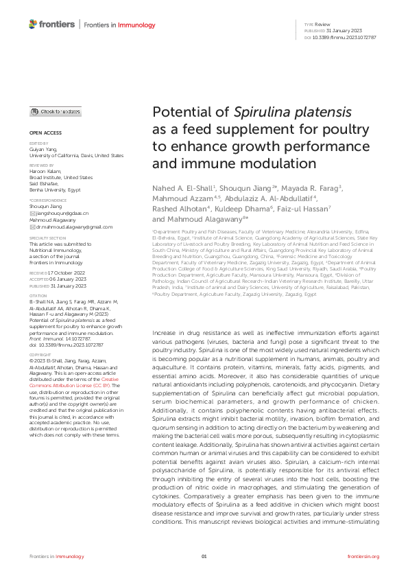 (PDF) Potential of Spirulina platensis as a feed supplement for poultry ...