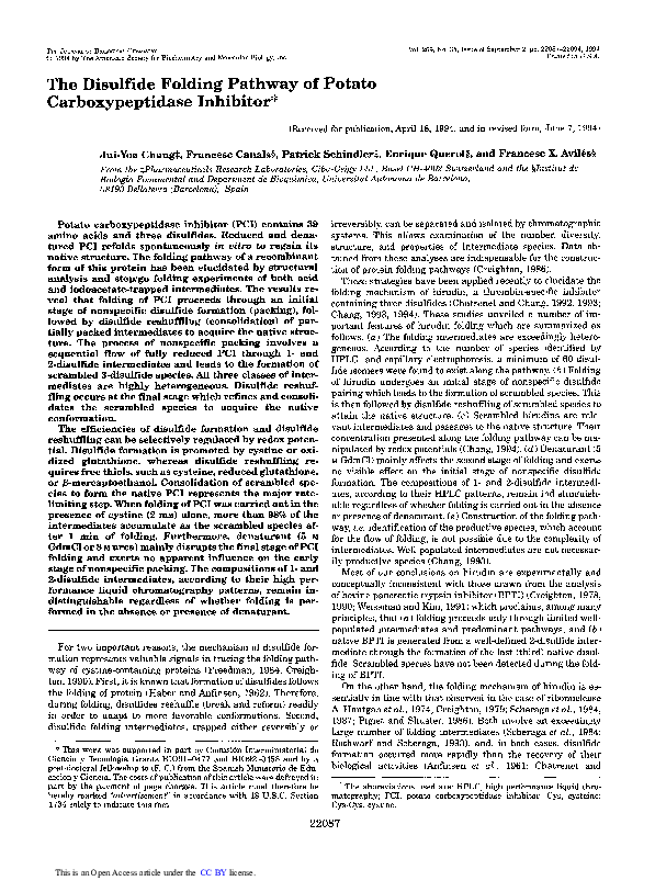 (PDF) The disulfide folding pathway of potato carboxypeptidase inhibitor