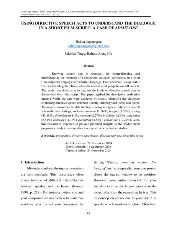 (PDF) Using Directive Speech Acts to Understand the Dialogue in a Short ...