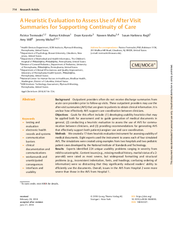 (PDF) A Heuristic Evaluation to Assess Use of After Visit Summaries for ...