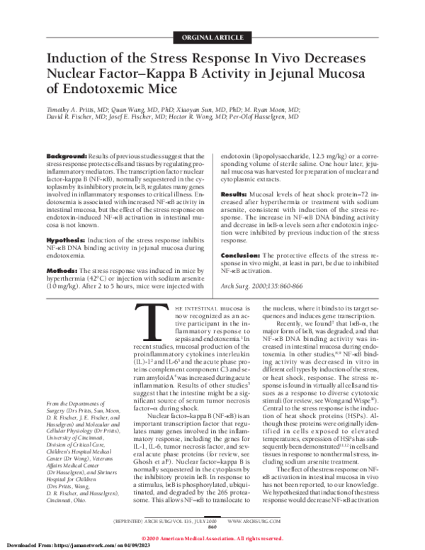 (PDF) Induction of the Stress Response In Vivo Decreases Nuclear Factor ...