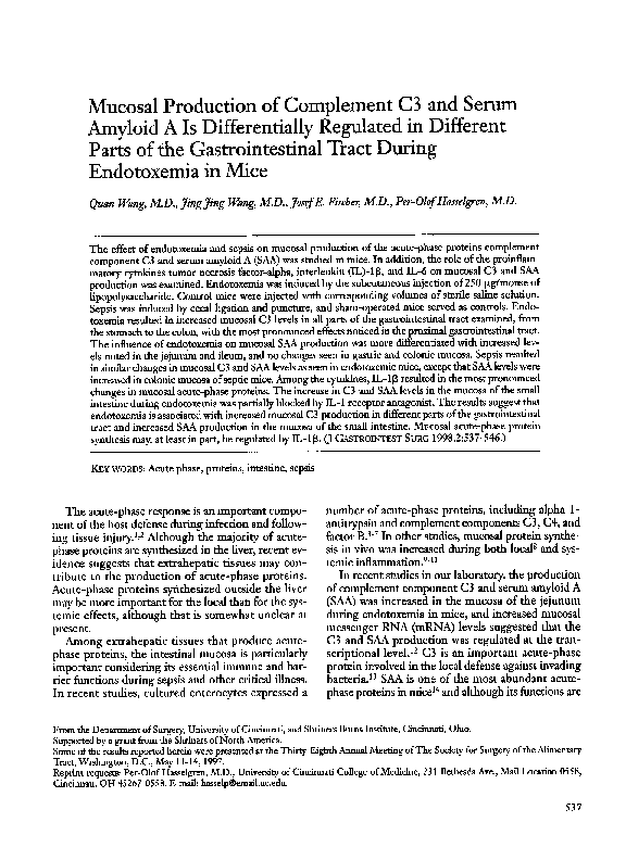 (PDF) Mucosal production of complement C3 and serum amyloid a is ...
