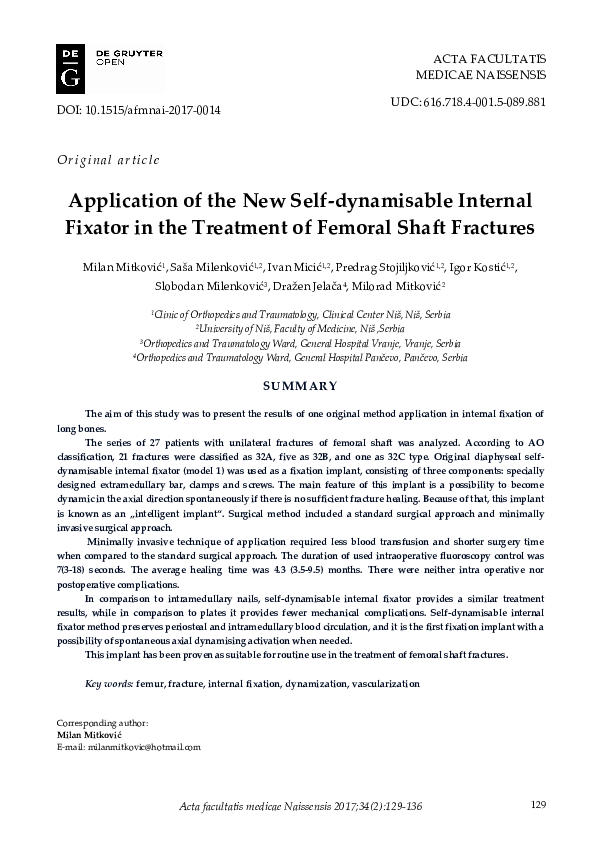 (PDF) Application of the New Self-dynamisable Internal Fixator in the ...