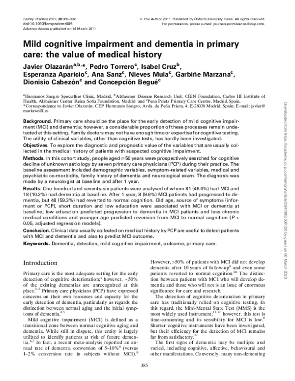 (PDF) Mild cognitive impairment and dementia in primary care: the value ...