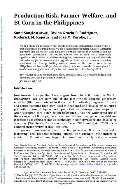 (PDF) Production Risk, Farmer Welfare, and Bt Corn in the Philippines