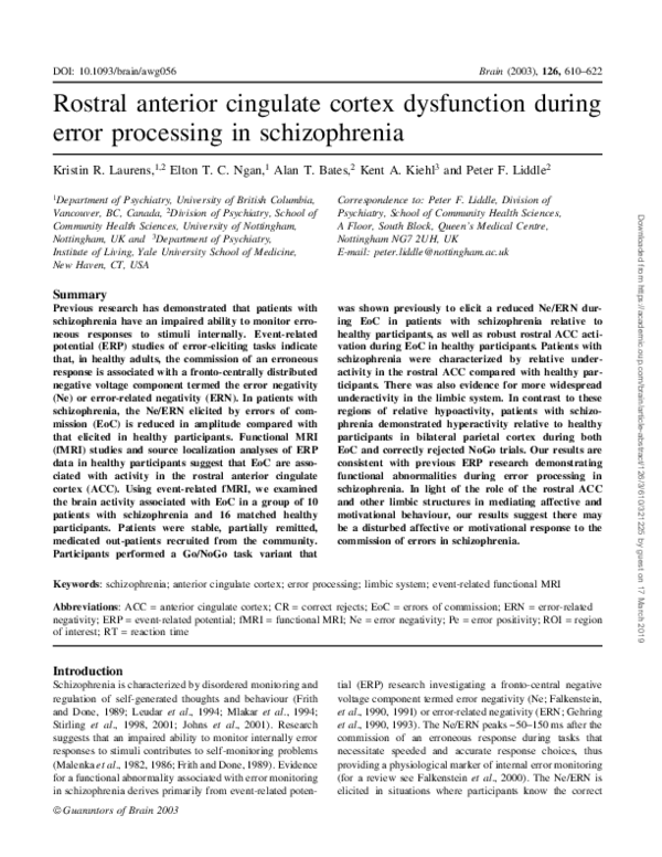 (PDF) Rostral anterior cingulate cortex dysfunction during error ...