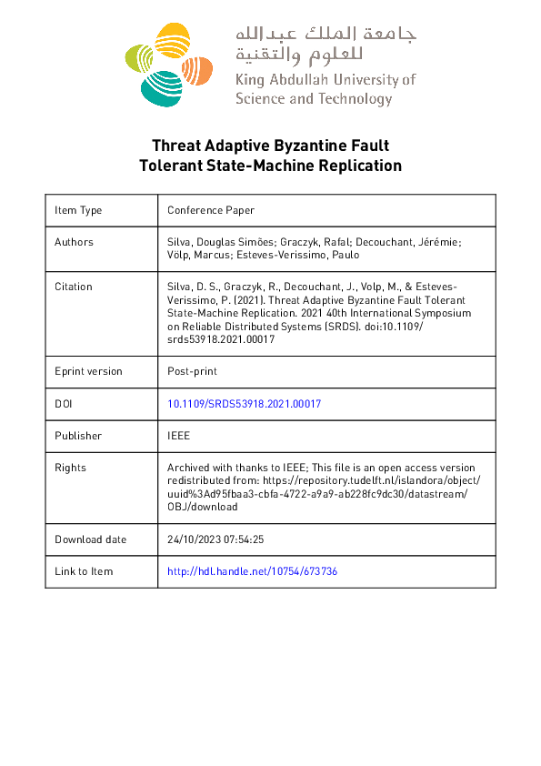 (PDF) Threat Adaptive Byzantine Fault Tolerant State-Machine Replication
