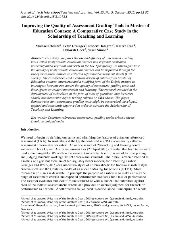 (PDF) Improving the quality of assessment grading tools in Master of ...
