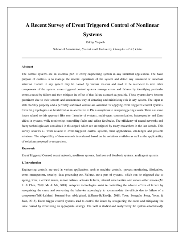 (PDF) A Recent Survey of Event Triggered Control of Nonlinear Systems