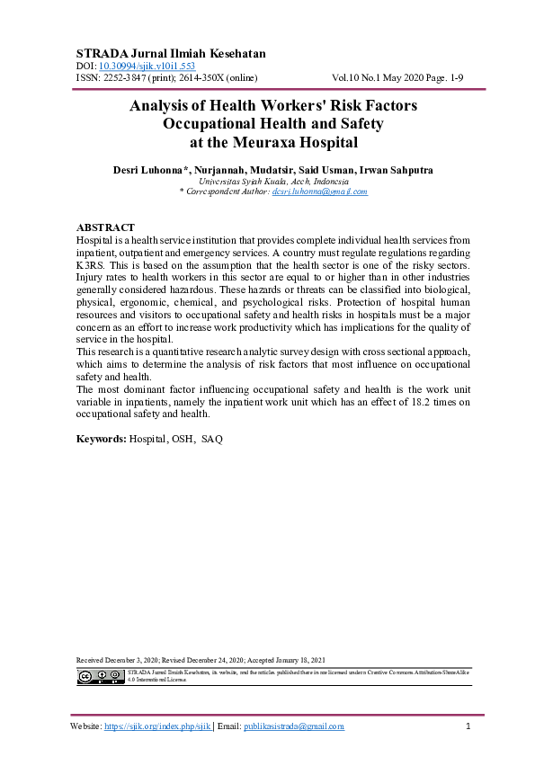 (PDF) Analysis of Health Workers' Risk Factors Occupational Health and ...