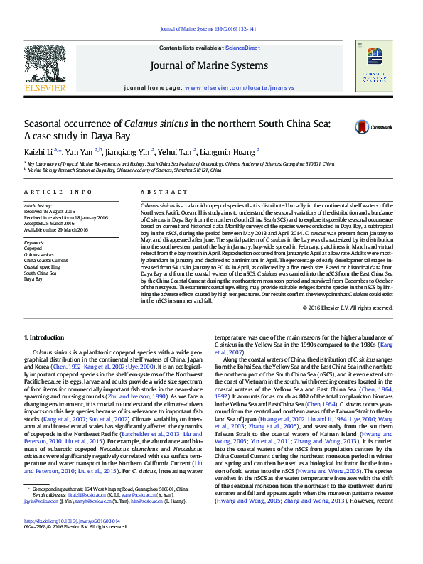 (PDF) Seasonal occurrence of Calanus sinicus in the northern South ...