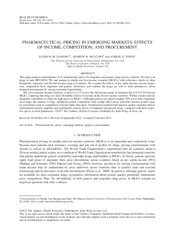 (PDF) Pharmaceutical Pricing in Emerging Markets: Effects of Income ...