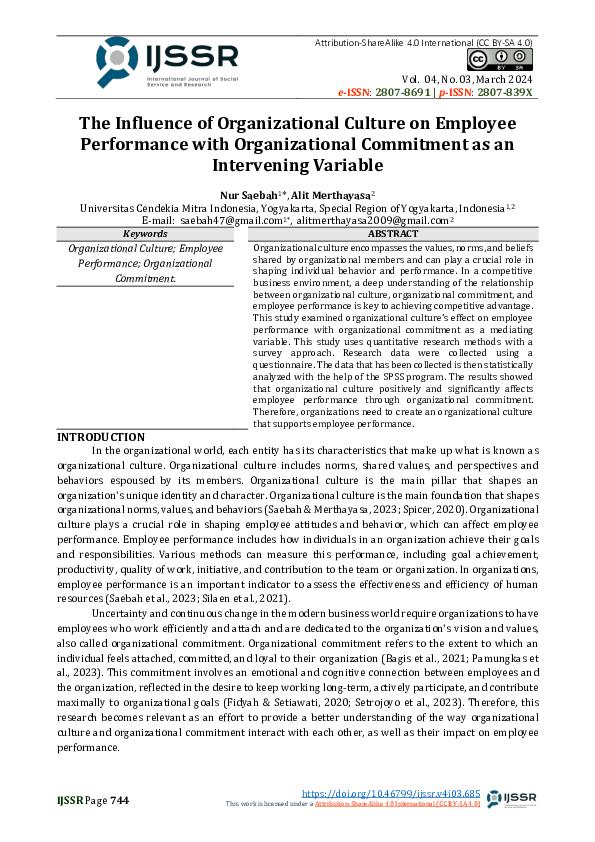 (PDF) The Influence of Organizational Culture on Employee Performance ...