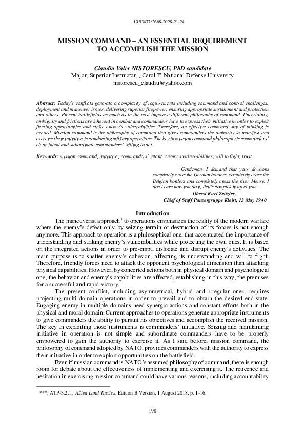 (PDF) Mission Command – an Essential Requirement to Accomplish the Mission
