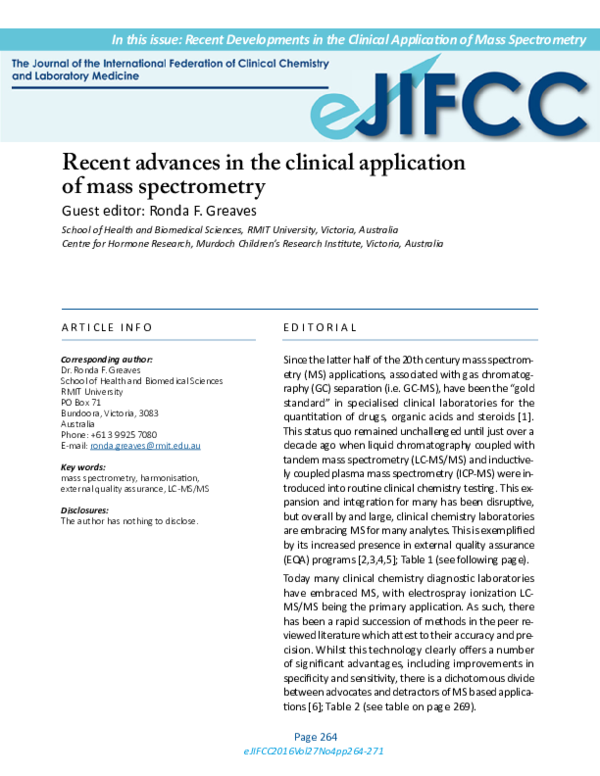 (PDF) Recent Advances in the Clinical Application of Mass Spectrometry