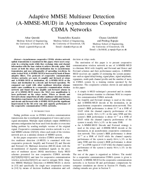 (PDF) Adaptive MMSE multiuser detection (A-MMSE-MUD) in asynchronous ...