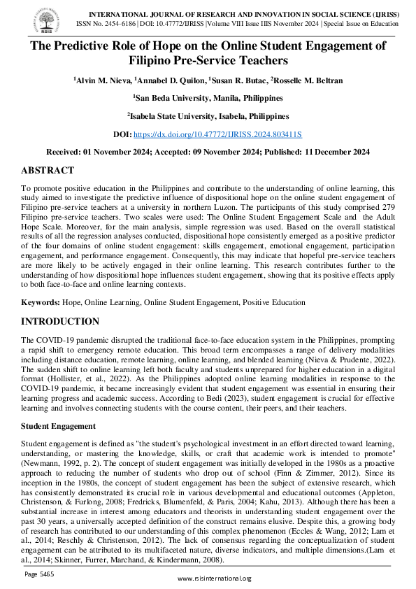 (PDF) The Predictive Role of Hope on the Online Student Engagement of ...