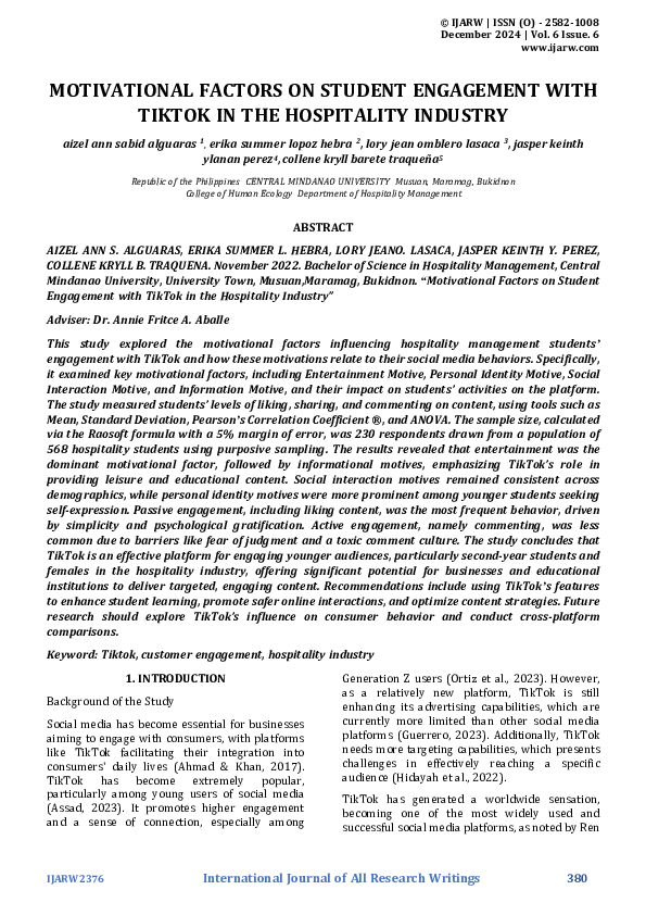 (PDF) MOTIVATIONAL FACTORS ON STUDENT ENGAGEMENT WITH TIKTOK IN THE ...