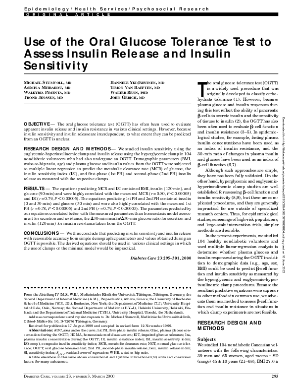 (PDF) Use of the oral glucose tolerance test to assess insulin release ...