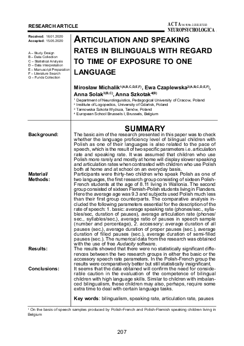 (PDF) Articulation and Speaking Rates in Bilinguals with Regard to Time ...