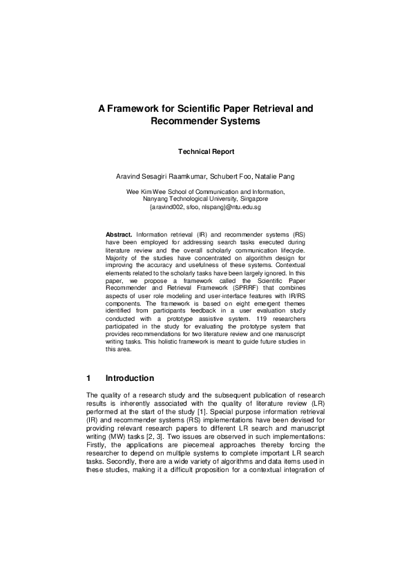 (PDF) A Framework for Scientific Paper Retrieval and Recommender Systems