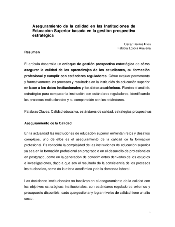 (PDF) Artículo Aseguramiento de la Calidad y la Gestión Prospectiva ...