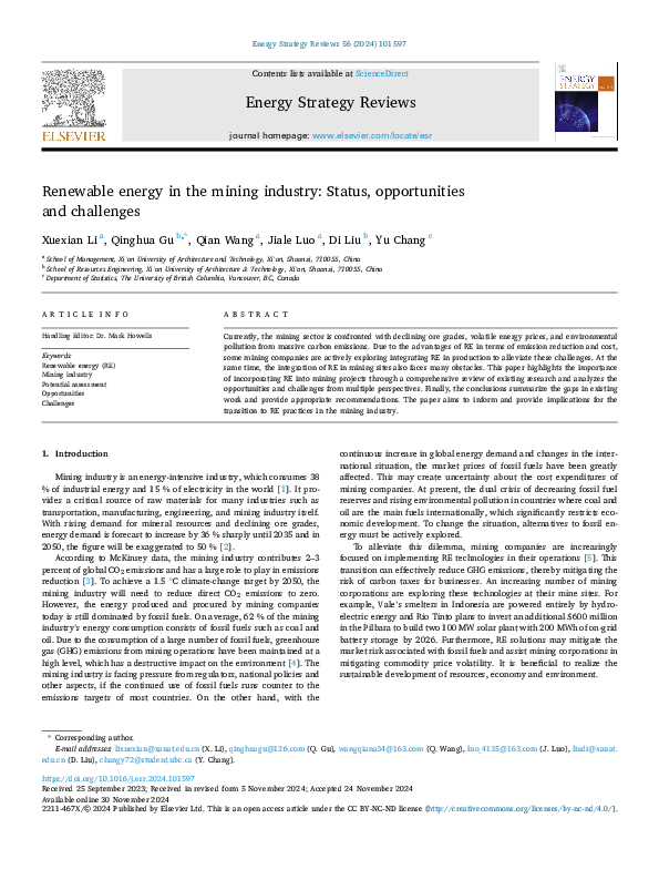 (PDF) Renewable Energy in the Mining Industry Status, Opportunities and ...