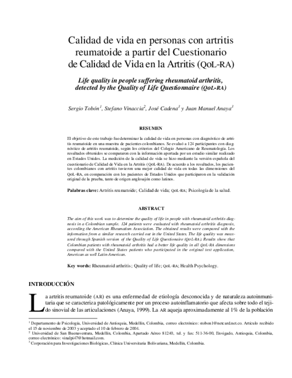 (PDF) Life quality in people suffering rheumatoid arthritis, detected ...