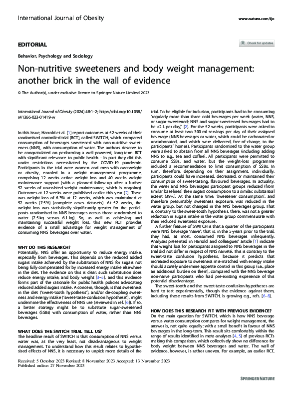 (PDF) Non-nutritive sweeteners and body weight management: another ...