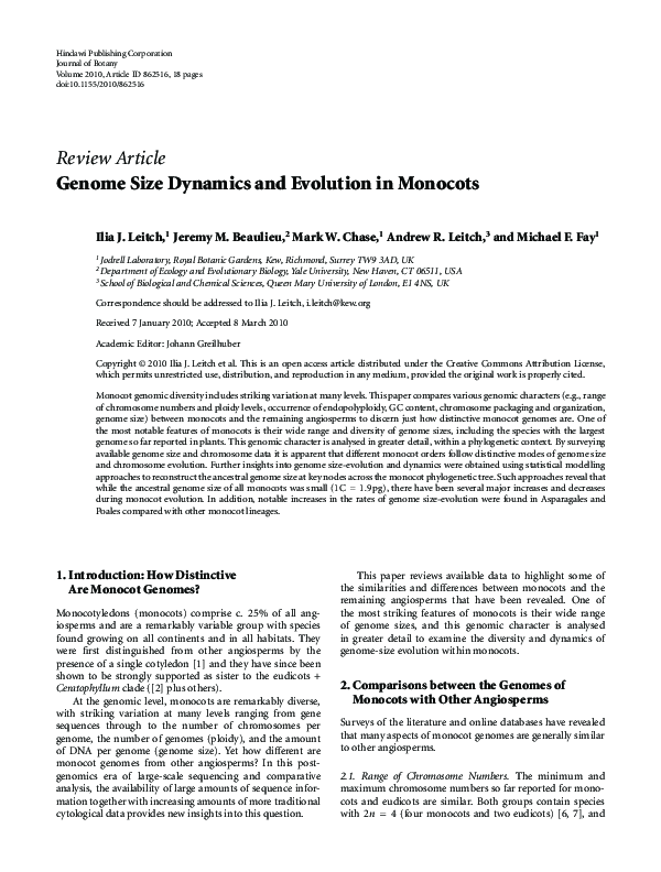 (PDF) Genome Size Dynamics and Evolution in Monocots