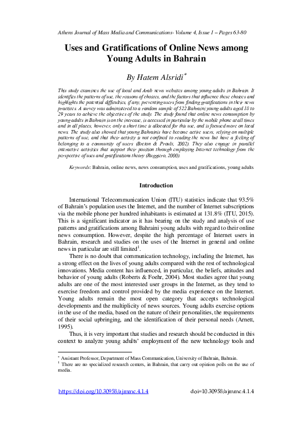 (PDF) Uses and Gratifications of Online News among Young Adults in Bahrain
