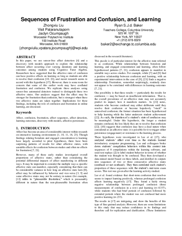 (PDF) Sequences of Frustration and Confusion, and Learning
