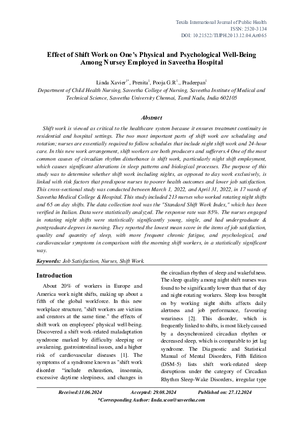 (PDF) Effect of Shift Work on One’s Physical and Psychological Well ...